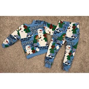 H&M Kids Snowman Fun Elf Christmas Sweatsuit Set Blue 3/4T Crewneck Joggers